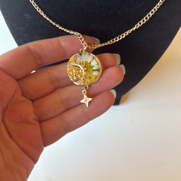 Gold Tone Reversible Sun Pendant Necklace with Star Charm - Picture 2 of 4